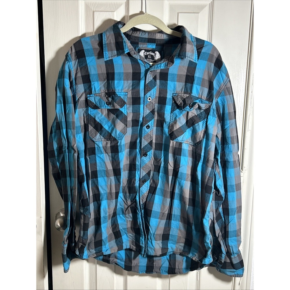 Carbon Men's Western Shirt XL Blue Black Plaid Front Pockets Long Sleeve
